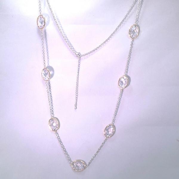 New Product - Silver Tone Chain Gold Oval Clear Cubic Zirconia Stations 36" - Quantum EMF Protectors